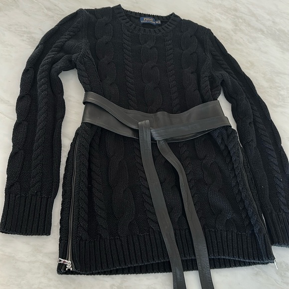 POLO Ralph Lauren black cable tunic sweater, sheepskin zipper trim XS